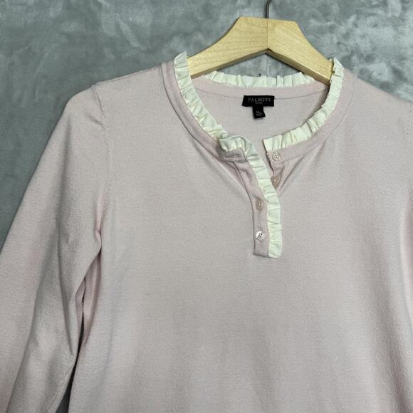 Talbots Petites Sweater Womens Medium Petite Pink Ruffle Henley Romantic Cottage - Picture 5 of 8